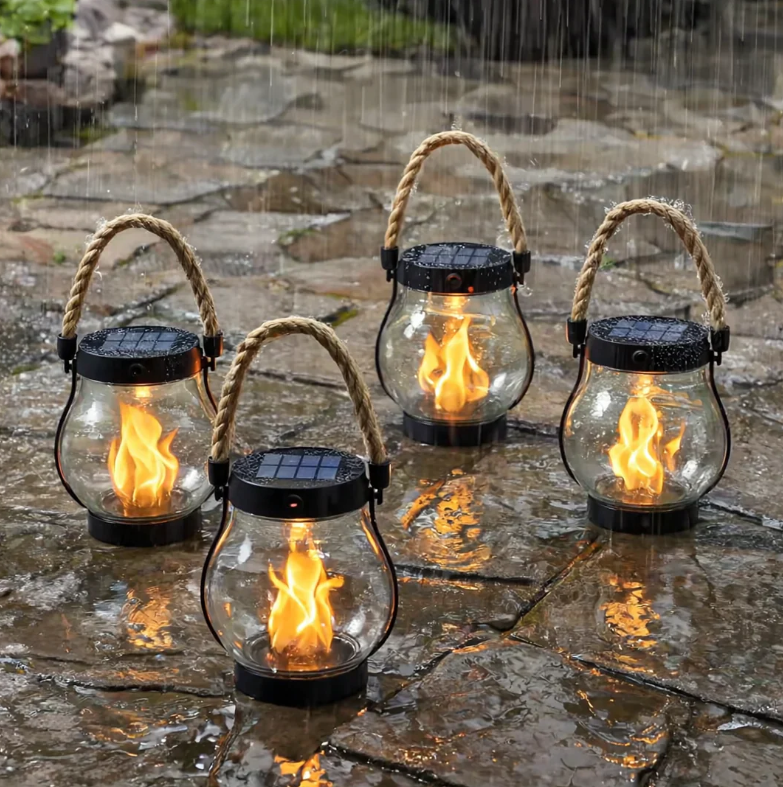 Rechargeable Flickering Flame Lantern for Outdoor Spaces — Cordless LED Pathway Light with Auto Dusk Sensor & Braided Handle for Patio, Deck