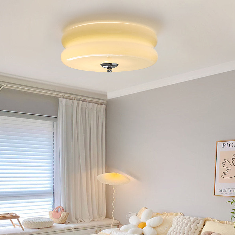 Round Flush Mount LED Fixture with 3 Color Temperatures Glass Metal 5 in Height for Bedroom Dining Room Kitchen Adjustable Kelvin Switch Mod