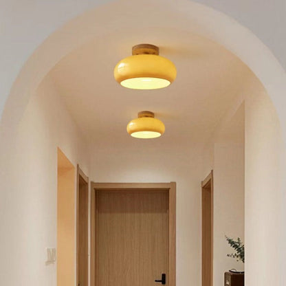 Wood & Glass Flush Mount Light Fixture E27 Socket Natural Finish for Dining Rooms Bedrooms Hallways Scandinavian Japandi Home Decor