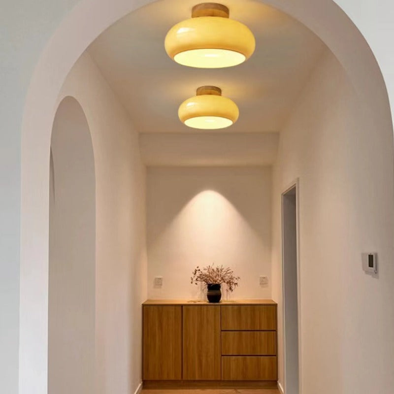 Wood & Glass Flush Mount Light Fixture E27 Socket Natural Finish for Dining Rooms Bedrooms Hallways Scandinavian Japandi Home Decor