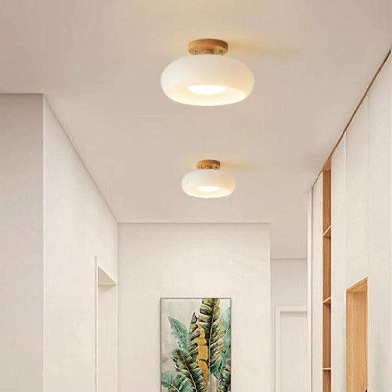 Wood & Glass Flush Mount Light Fixture E27 Socket Natural Finish for Dining Rooms Bedrooms Hallways Scandinavian Japandi Home Decor