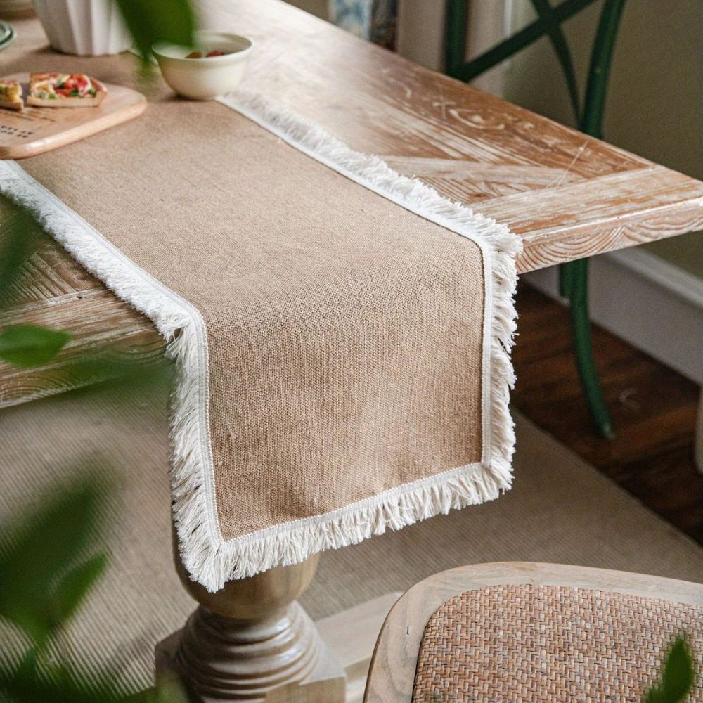 Woven Jute Runner for Dining Tables 12 in x 71 in Natural Beige Farmhouse Buffet Cloth Centerpiece Decor Boho Kitchen Rustic Home Styling