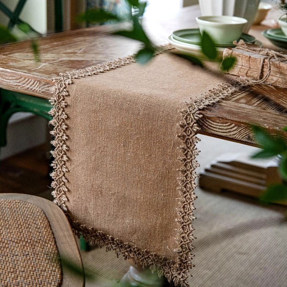 Woven Jute Runner for Dining Tables 12 in x 71 in Natural Beige Farmhouse Buffet Cloth Centerpiece Decor Boho Kitchen Rustic Home Styling