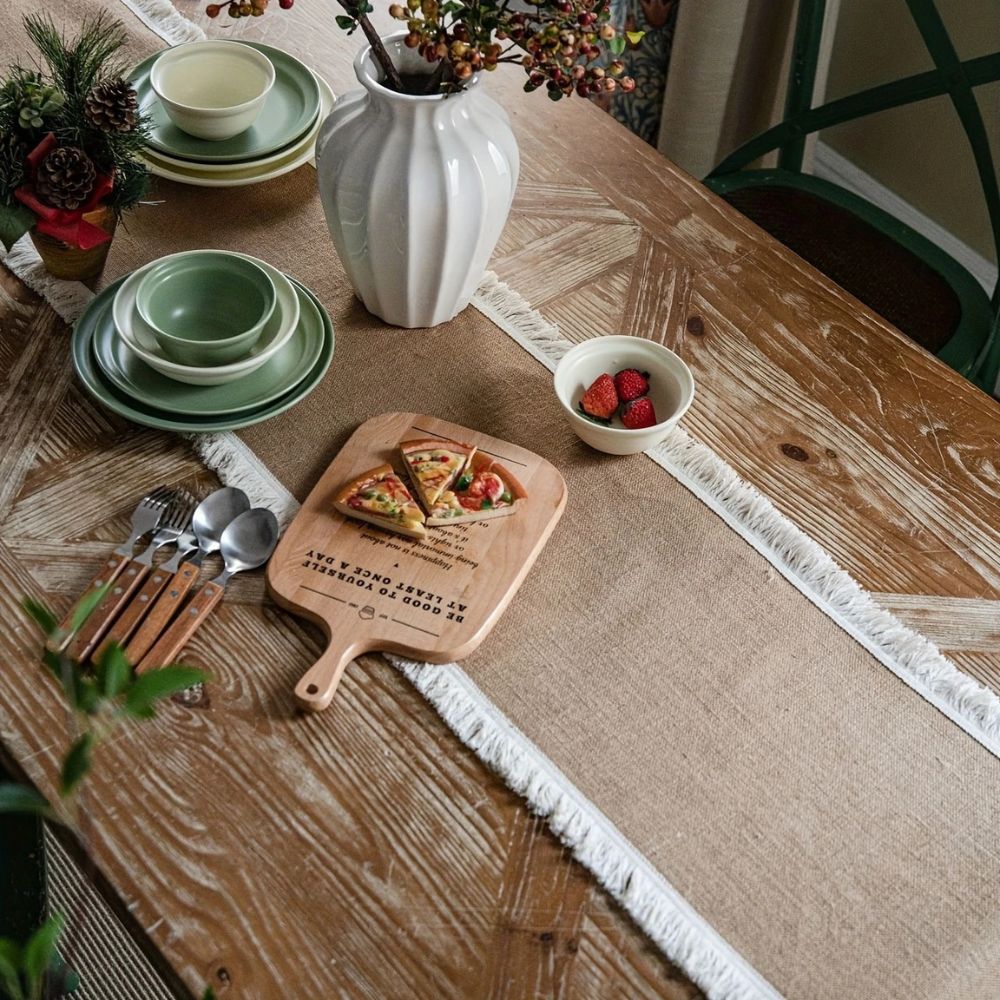 Woven Jute Runner for Dining Tables 12 in x 71 in Natural Beige Farmhouse Buffet Cloth Centerpiece Decor Boho Kitchen Rustic Home Styling