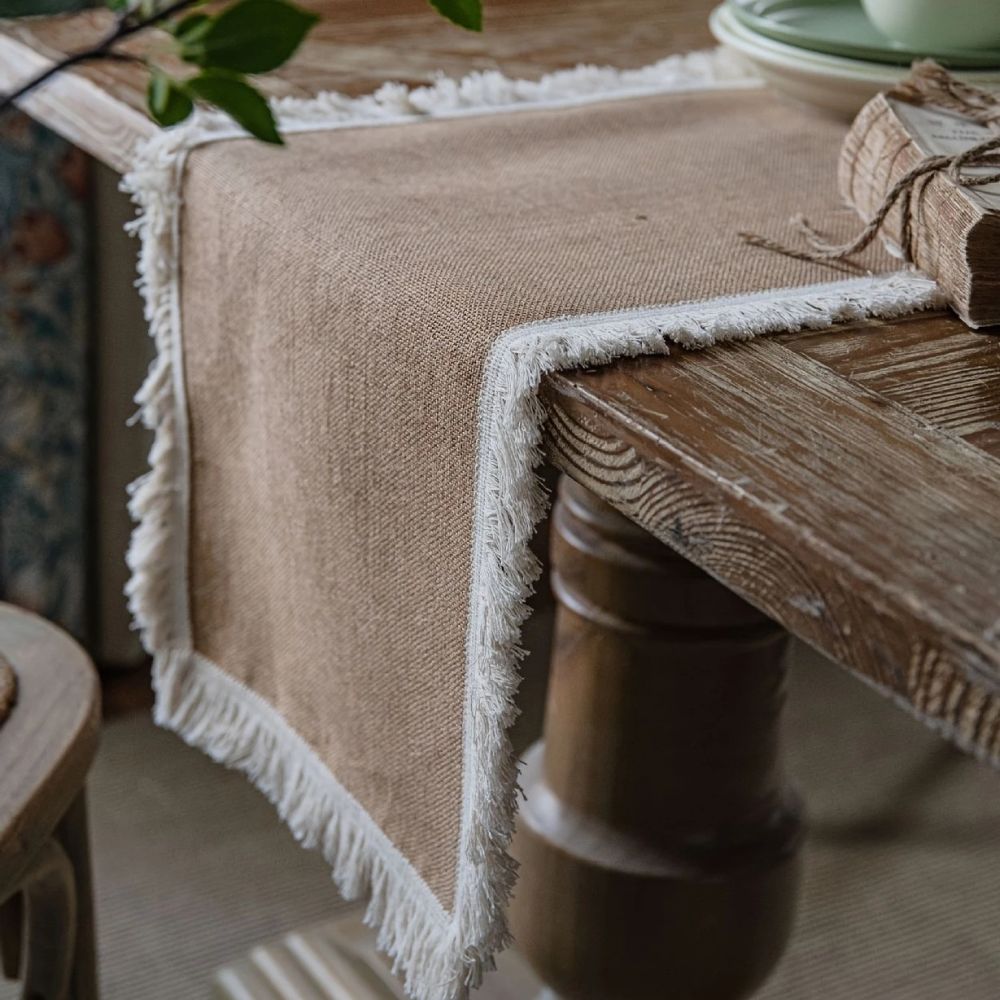 Woven Jute Runner for Dining Tables 12 in x 71 in Natural Beige Farmhouse Buffet Cloth Centerpiece Decor Boho Kitchen Rustic Home Styling