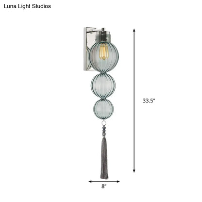 Round Glass Wall Sconce with Decorative Tassel | Asian-Inspired Globe Fixture | Chrome or Brass Finish for Living Room, Hallway, Bedroom