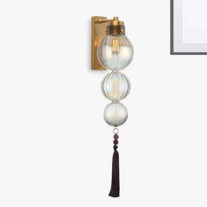 Round Glass Wall Sconce with Decorative Tassel | Asian-Inspired Globe Fixture | Chrome or Brass Finish for Living Room, Hallway, Bedroom