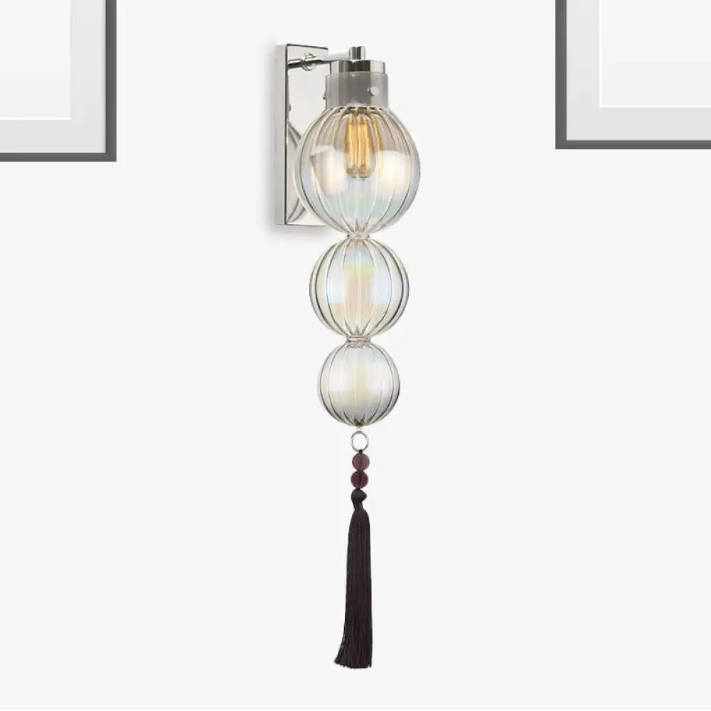 Round Glass Wall Sconce with Decorative Tassel | Asian-Inspired Globe Fixture | Chrome or Brass Finish for Living Room, Hallway, Bedroom