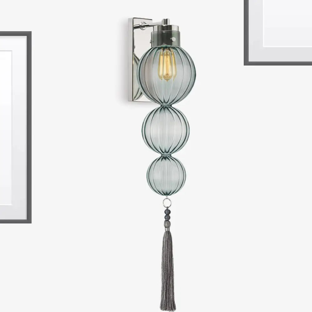 Round Glass Wall Sconce with Decorative Tassel | Asian-Inspired Globe Fixture | Chrome or Brass Finish for Living Room, Hallway, Bedroom