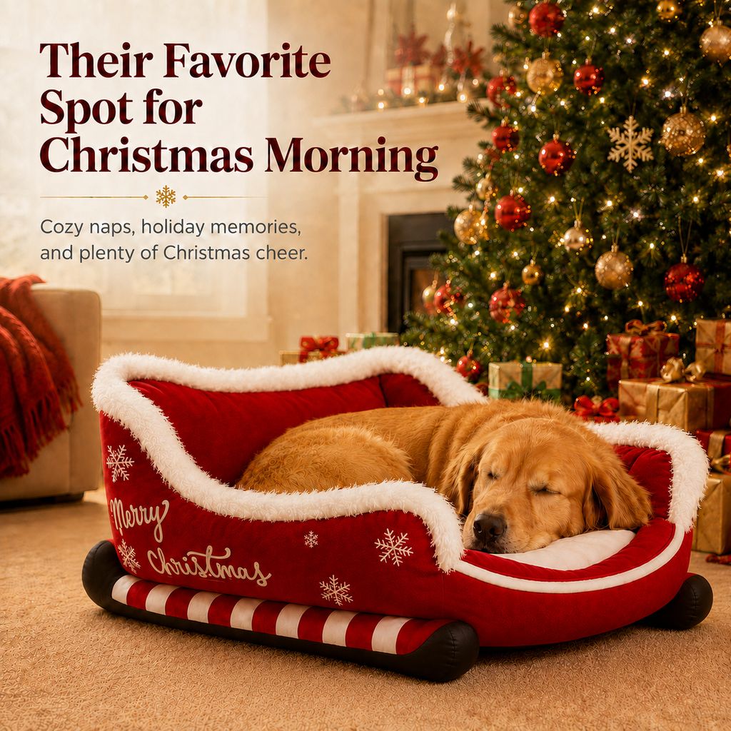 Ortekor Christmas Sleigh Dog Bed for Holiday Living Rooms – Cozy Pet Rest & Festive Décor