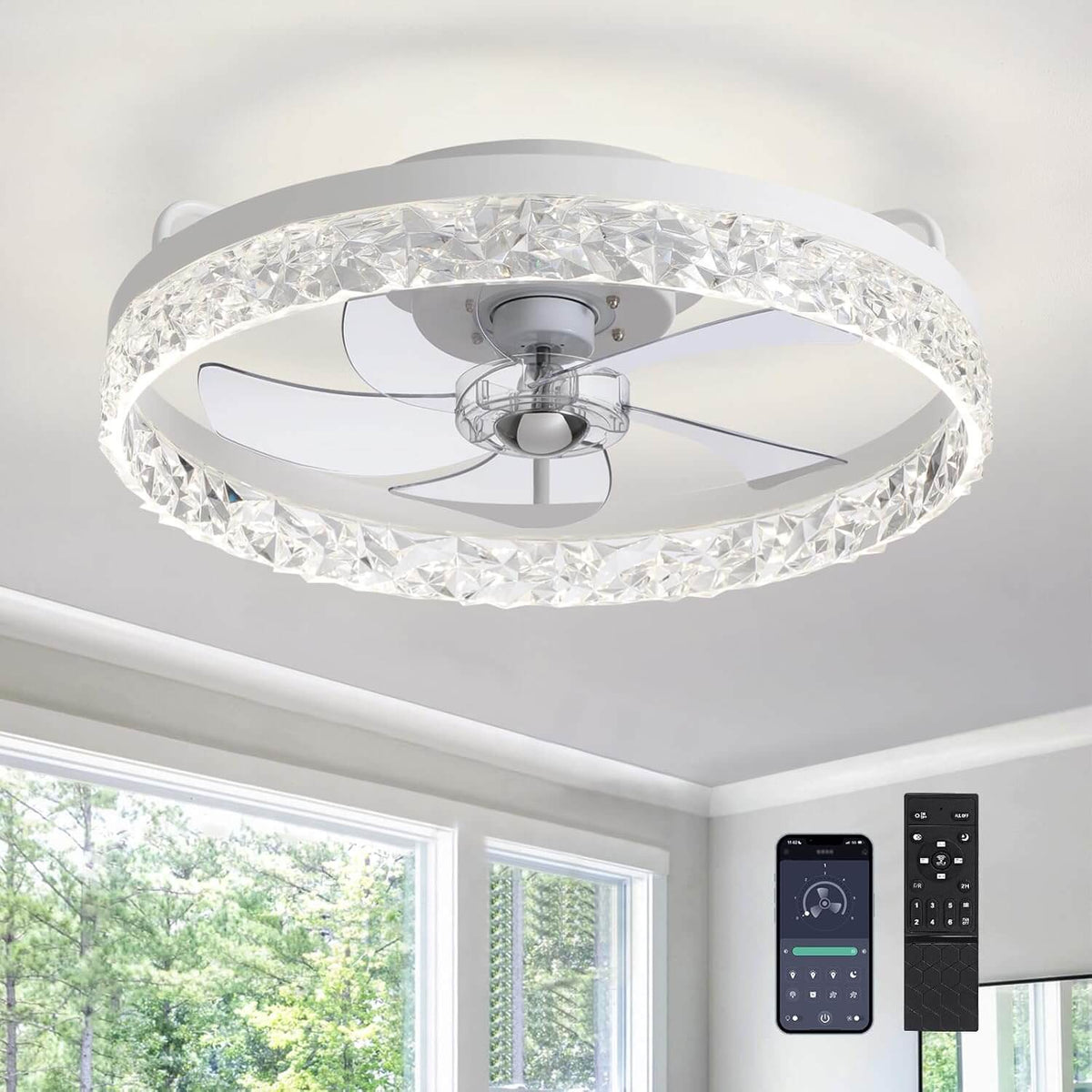 Flush Mount Ceiling Fan with Light and Remote 20 Inch Low Profile LED Fan Light Dimmable 3 Color Temps 6 Speed Reversible Blades for
