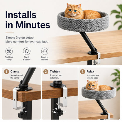 Ortekor Desk Mounted Cat Bed Perch for Home Office - Space Saving Elevated Cat Lounger with Soft Breathable Fabric for Cats to Relax Beside Your Workspace