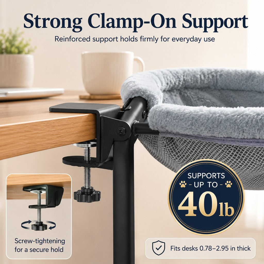 Ortekor Desk-Mounted Cat Bed for Home Offices - Space-Saving Clamp-On Cat Hammock