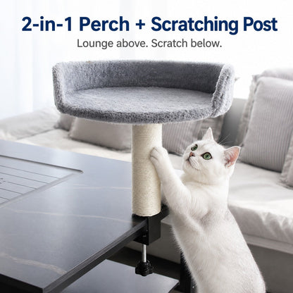Ortekor Clamp-On Cat Perch for Home Office Desks - Space-Saving Cat Bed with Sisal Scratching Post