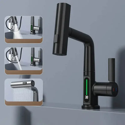 Digital Display Kitchen Tap with Pull-Down Sprayer 15 in Height Swivel Brass Faucet 3-Mode Spray for Sink Temperature Control