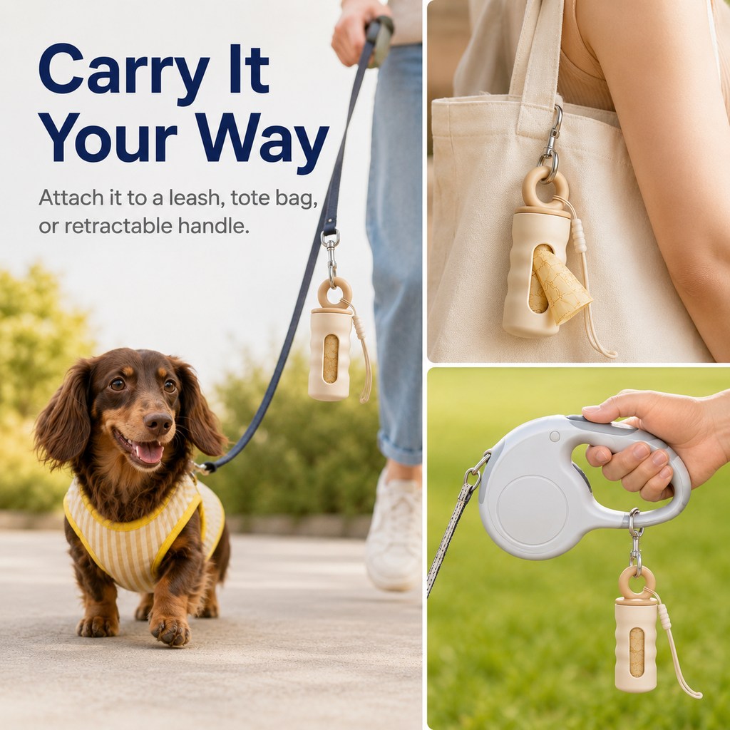 Ortekor Clip-On Dog Poop Bag Dispenser for Daily Walks - Compact Leash Waste Bag Holder That Keeps Bags Ready