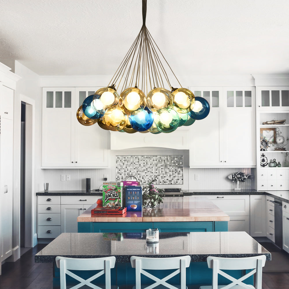 Multicolor Glass Globe Chandelier 20 Inch Cluster Adjustable Height Ceiling Light for Kitchen Dining Room Living Room Statement Lighting Fix