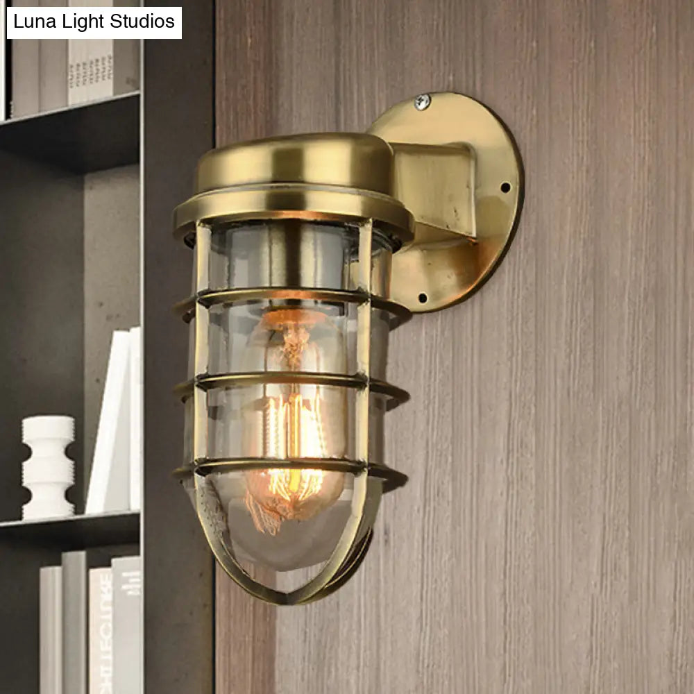 Metal Cage Wall Sconce with Glass Shade – Industrial Hardwired Light for Hallway, Bedroom, Dining Room – 4" Wide 1-Light Fixture