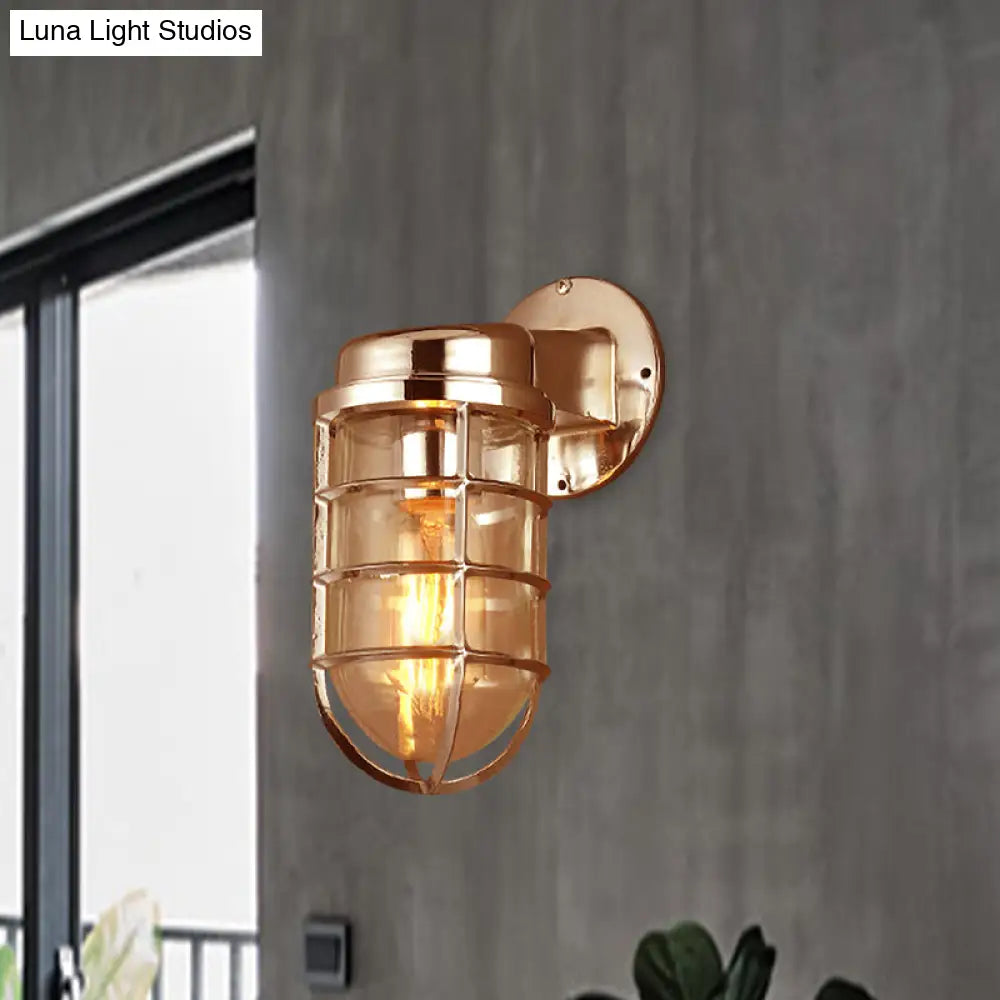 Metal Cage Wall Sconce with Glass Shade – Industrial Hardwired Light for Hallway, Bedroom, Dining Room – 4" Wide 1-Light Fixture