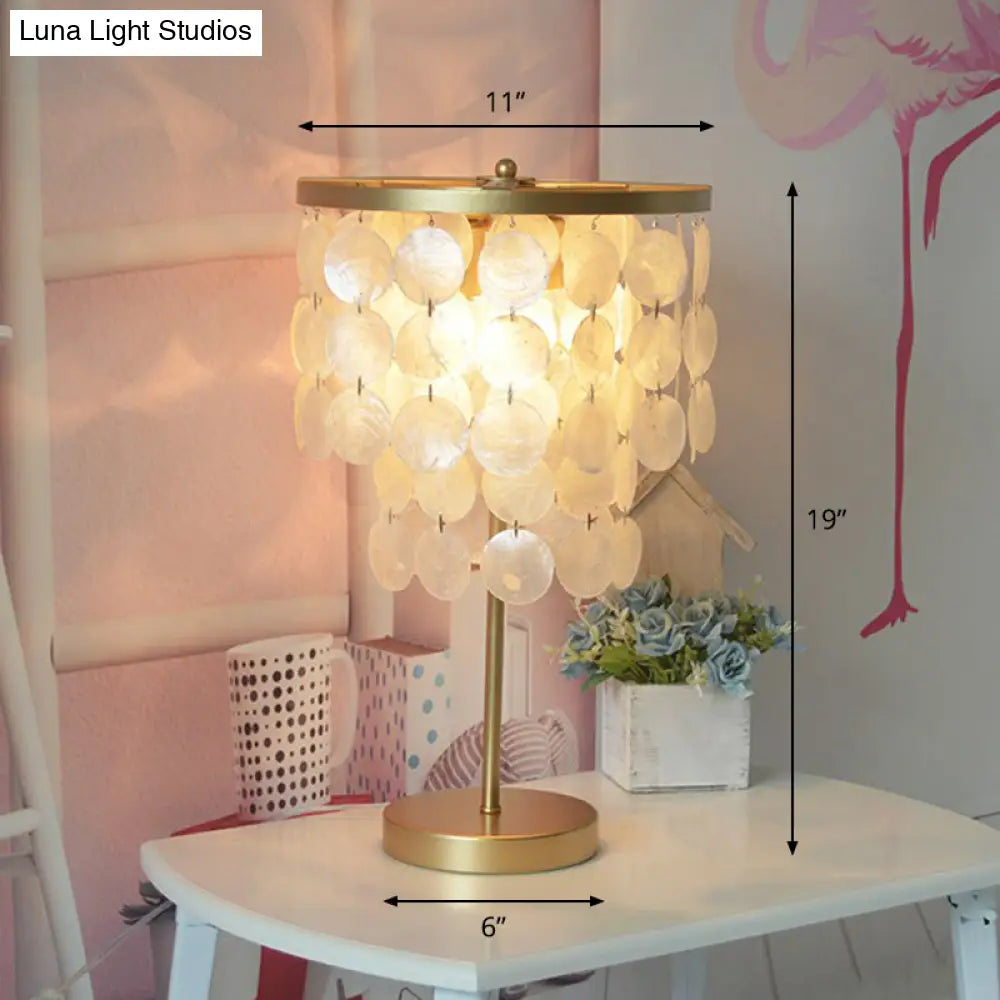 Two-Tier Seashell Table Lamp with Dual Sockets for Bedroom, Decorative Nightstand Accent Light in Gold Finish