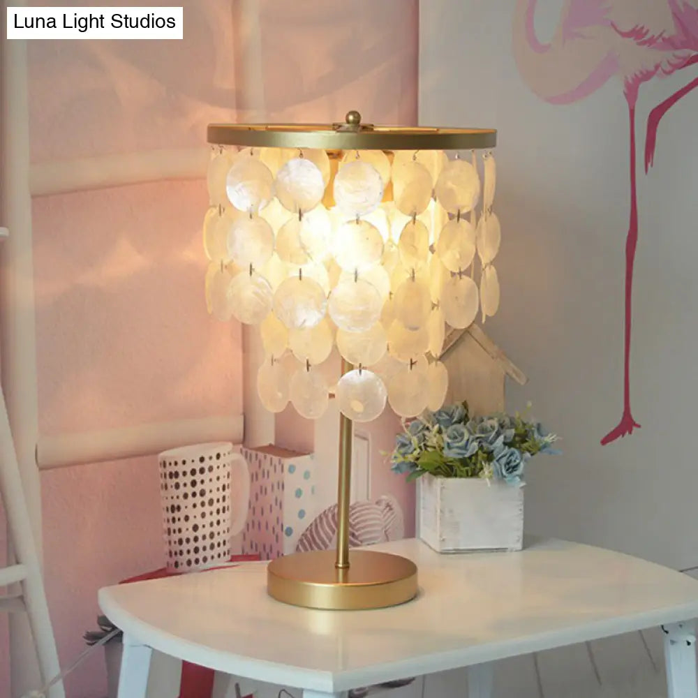 Two-Tier Seashell Table Lamp with Dual Sockets for Bedroom, Decorative Nightstand Accent Light in Gold Finish