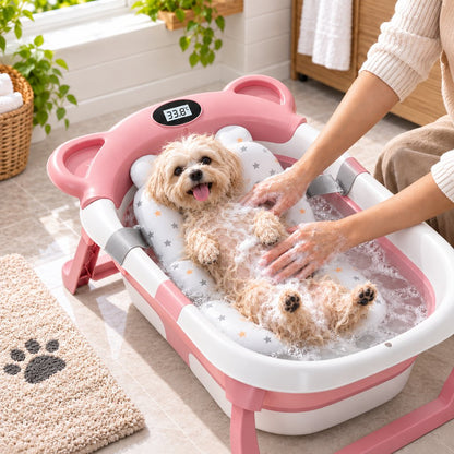 Ortekor Collapsible Pet Bathtub with Digital Thermometer - Space-Saving Dog & Cat Bath Tub for Easy At-Home Grooming