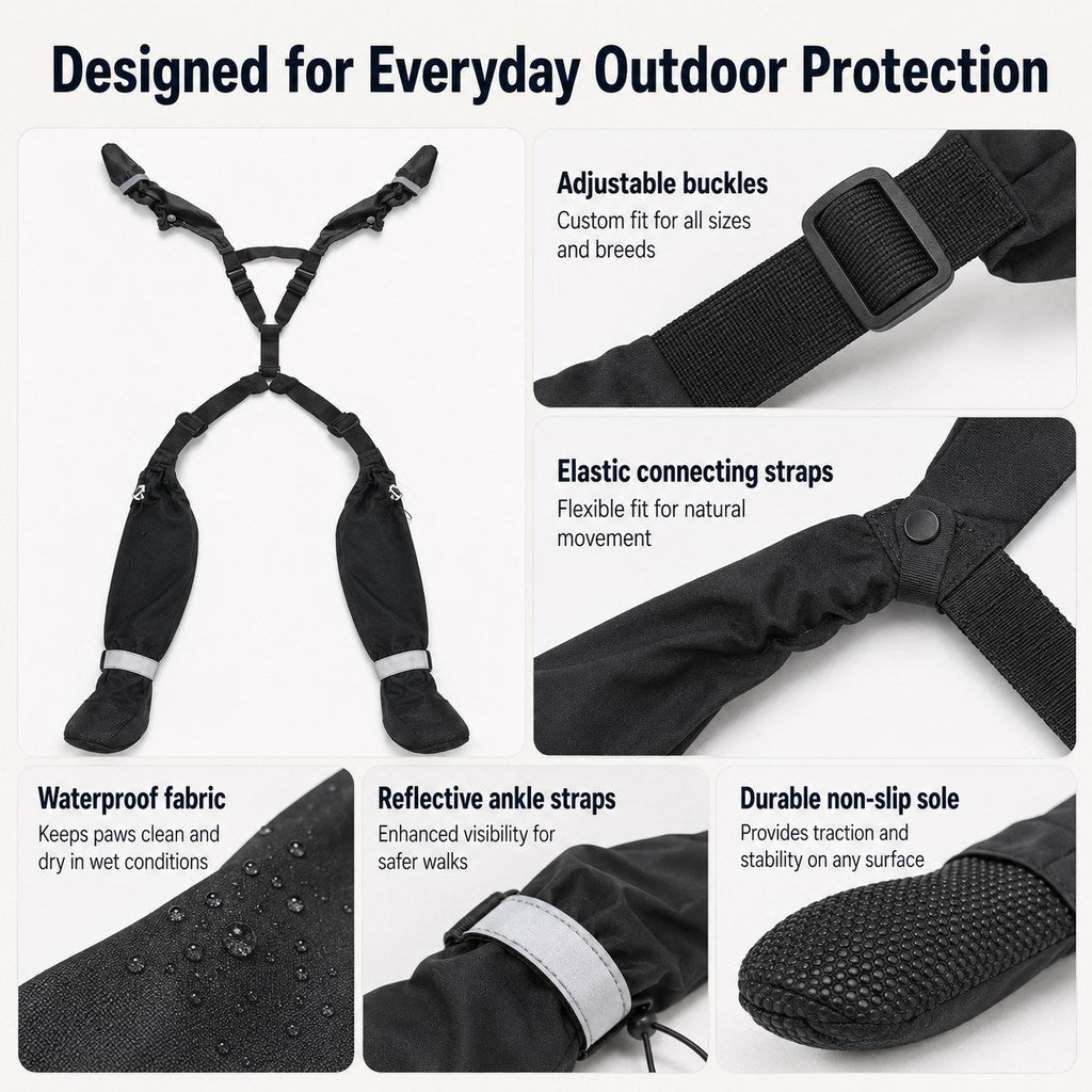 Ortekor 4-in-1 Connected Dog Boots for Rainy Walks - Water-Resistant Paw & Leg Protection for Mud & Dirt