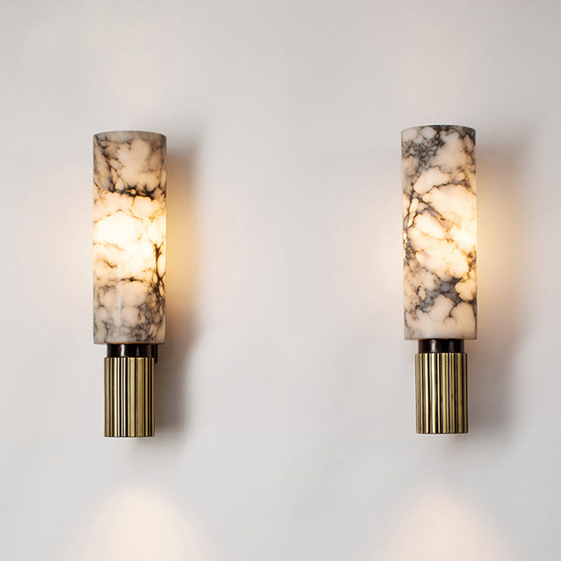 Marble and Copper Wall Sconce with Warm LED Light for Bedroom, Hallway, Living Room – Natural Stone Accent Wall Fixture