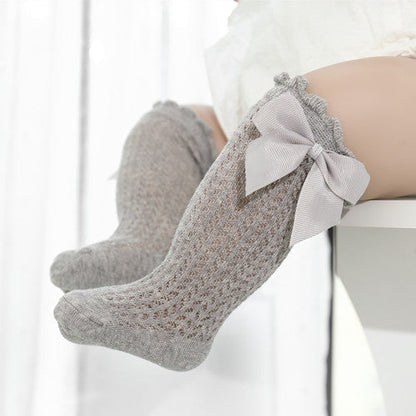 Infant Knee-High Socks with Oversized Ribbon Accent for Girls | Breathable Mesh Knit Footwear for Newborns and Toddlers 0-24 Months