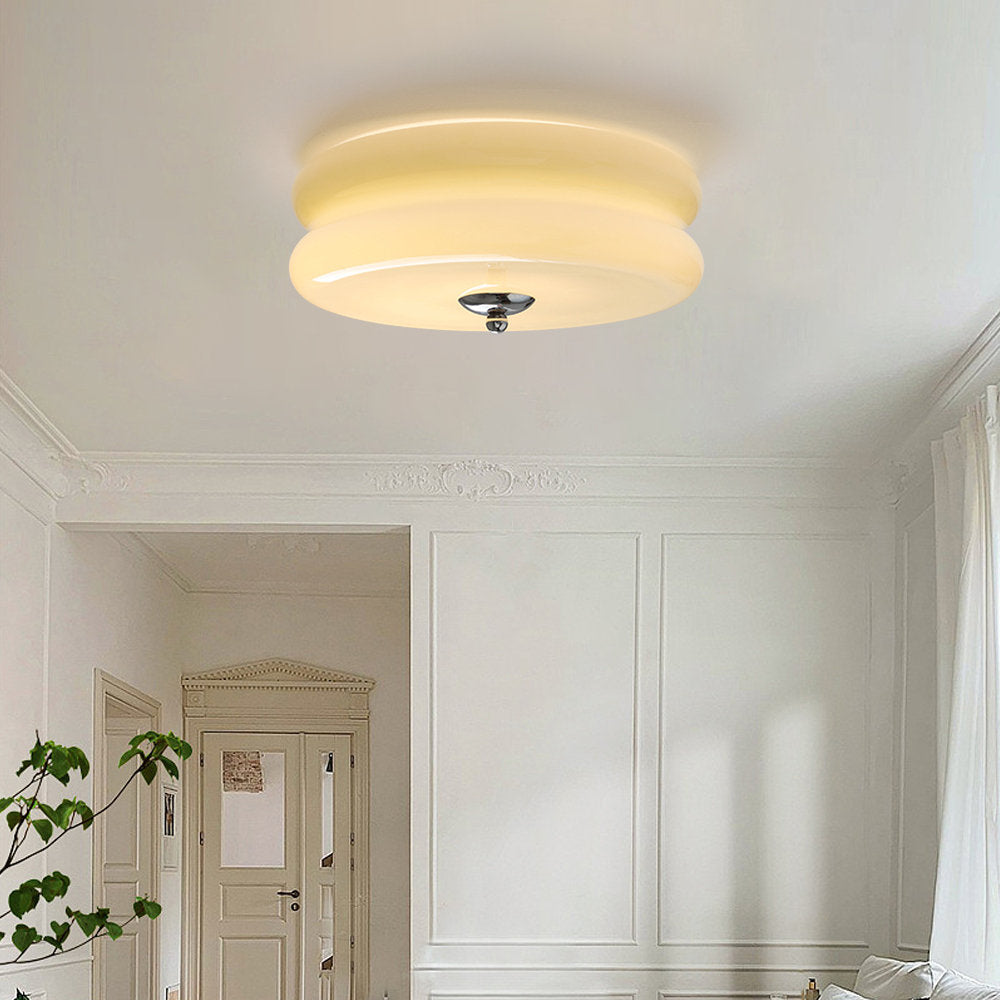 Round Flush Mount LED Fixture with 3 Color Temperatures Glass Metal 5 in Height for Bedroom Dining Room Kitchen Adjustable Kelvin Switch Mod