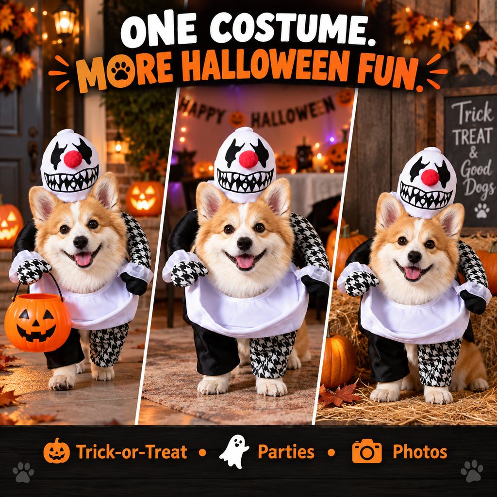 Ortekor Creepy Clown Dog Costume with Fake Arms - Halloween Trick-or-Treat Outfit for a Standout 3D Walking Look