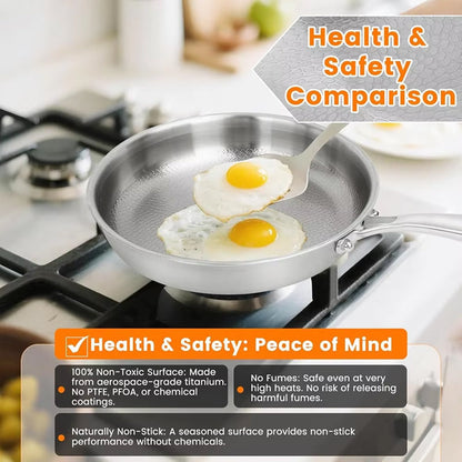 Titanium Skillet with Textured Surface for Gas Electric Induction Stovetops Oven Safe Metal Utensil Friendly Chemical Free Cookware
