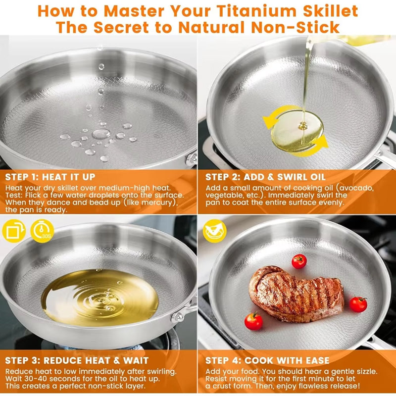 Titanium Skillet with Textured Surface for Gas Electric Induction Stovetops Oven Safe Metal Utensil Friendly Chemical Free Cookware
