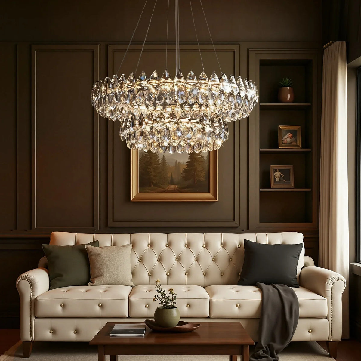 Two-Tier Crystal Pendant Light 32 inch Chrome Finish LED Adjustable Height Ceiling Fixture for Dining Room Living Room Kitchen Island Contem