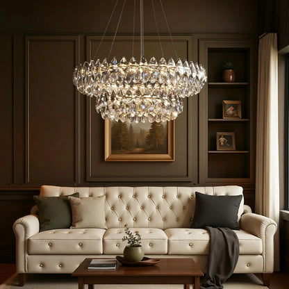 Double Ring Crystal Ceiling Light with Adjustable Height for Dining Room Living Room | Three Color Temperatures Chrome Finish | Teardrop Pen