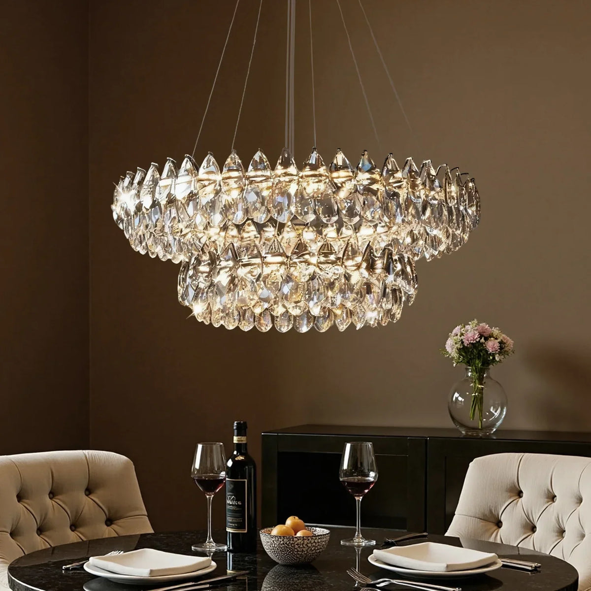 Double Ring Crystal Ceiling Light with Adjustable Height for Dining Room Living Room | Three Color Temperatures Chrome Finish | Teardrop Pen
