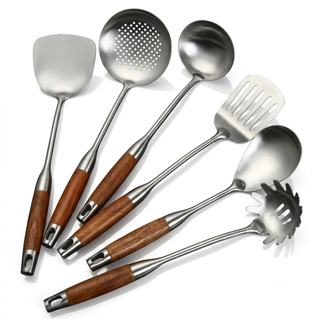 Six-Piece Cooking Utensil Set — Stainless Steel with Wood Handles for Everyday Kitchen Use