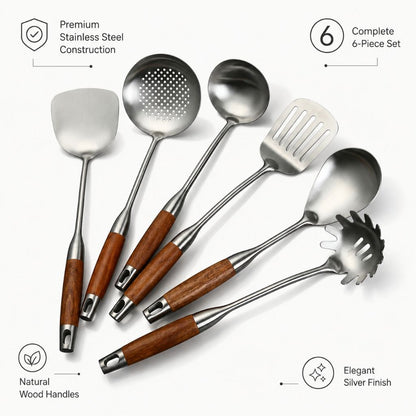Six-Piece Cooking Utensil Set — Stainless Steel with Wood Handles for Everyday Kitchen Use