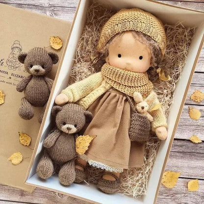 Handcrafted Waldorf Doll with Knitted Outfit – Natural Cotton & Wool Heirloom Toy for Kids 3+