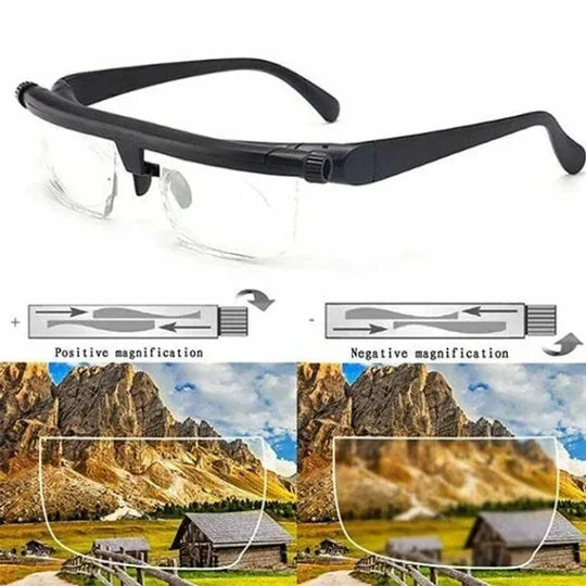 Dial-Adjustable Reading Glasses with Variable Focus Lenses for Near and Far Vision Clarity