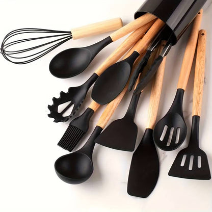 12-Piece Silicone Cooking Utensil Set with Wood Handles Heat Resistant Kitchen Tools for Nonstick Cookware Home Chef Spatula Spoon Whisk