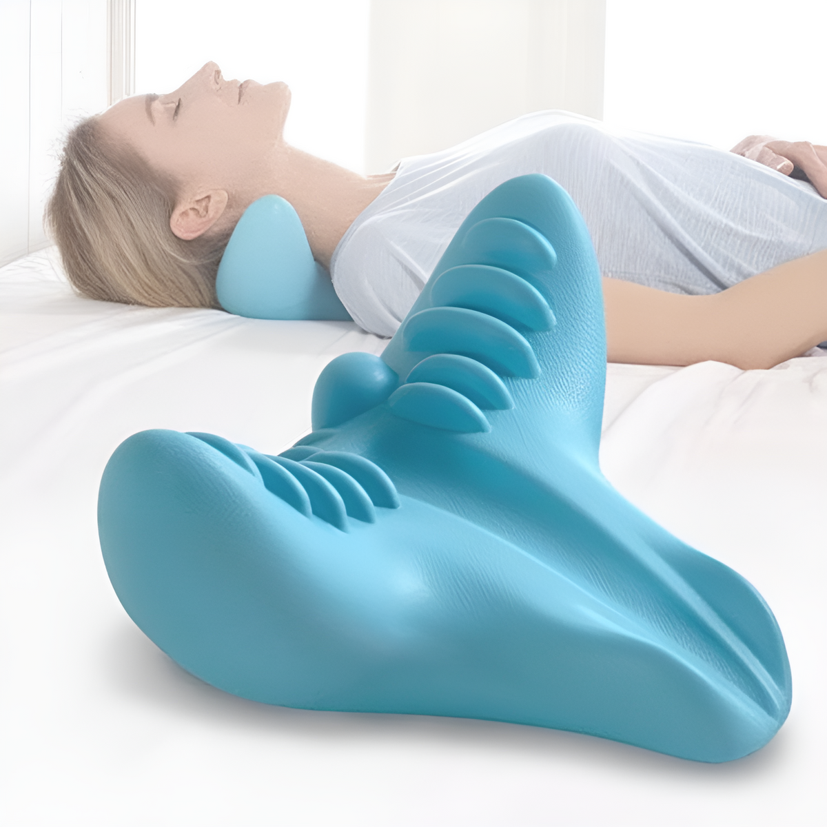 Cervical Spine Traction Cushion Blue EVA Foam 8.5×7.9×4.3 Inches Portable Shoulder Tension Relief Device for Home Bed Sofa Chair