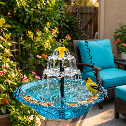 Solar Powered Outdoor Bird Bath with Cascading Water Feature in Glass for Patio and Backyard Wildlife