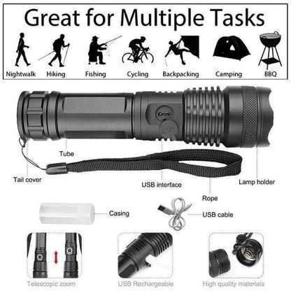 Rechargeable LED Tactical Flashlight USB Zoom Adjustable 90000 Lumen Handheld Torch for Camping Hiking Emergency