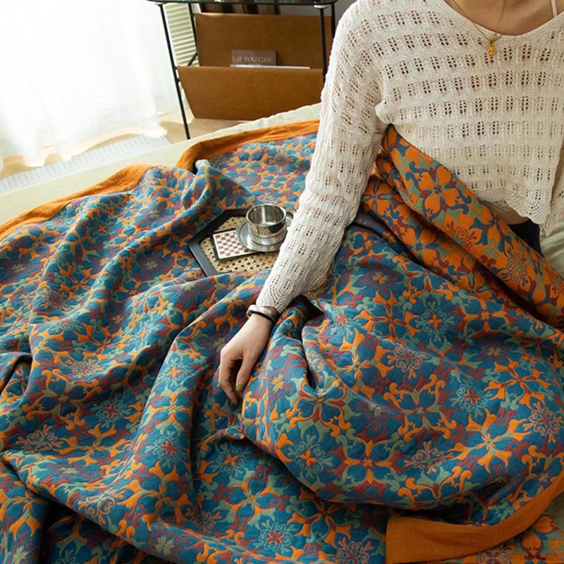 Six-Layer Cotton Quilt Reversible Lightweight Blanket Orange Blue Geometric Pattern for Year-Round Comfort Bedroom Guest Room