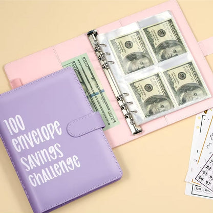 100-Envelope Money Saving Binder with Cash Envelopes for Budget Tracking & Financial Goals | PU Leather Organizer for Home Finance