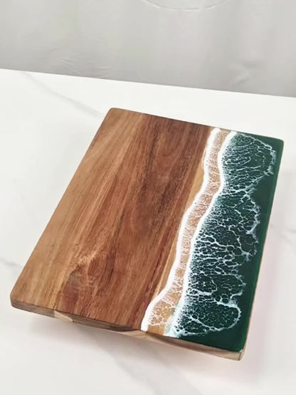 Acacia Wood Serving Board with Resin Wave Inlay 18x9 Inch Coastal Charcuterie Tray for Cheese Fruit Bread Kitchen Decor