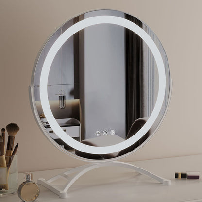 Rechargeable Lighted Vanity Mirror 16 Inch Round Tabletop Mirror with Adjustable LED Brightness Dimmable 360 Rotation for Makeup Skincare Be