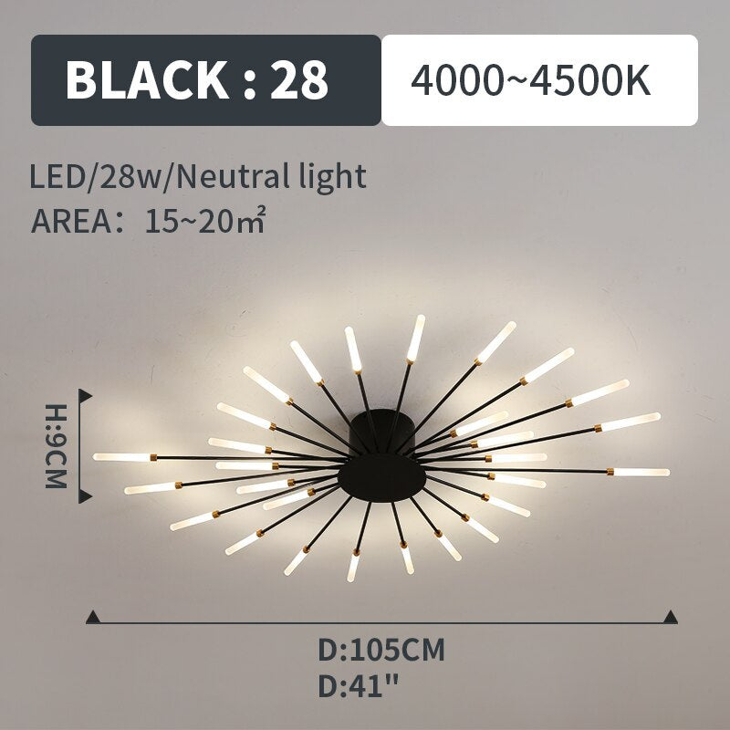 Starburst Flush Mount Ceiling Light Black Gold Modern Firework LED Fixture Bedroom Living Room Natural White Hardwired Indoor