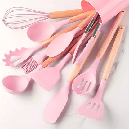12-Piece Silicone Cooking Utensil Set with Wood Handles Heat Resistant Kitchen Tools for Nonstick Cookware Home Chef Spatula Spoon Whisk